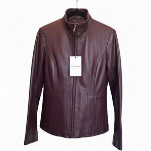 Cole Haan Lambskin Leather Wing Collar Moto Jacket XS Chianti Red MSRP $450